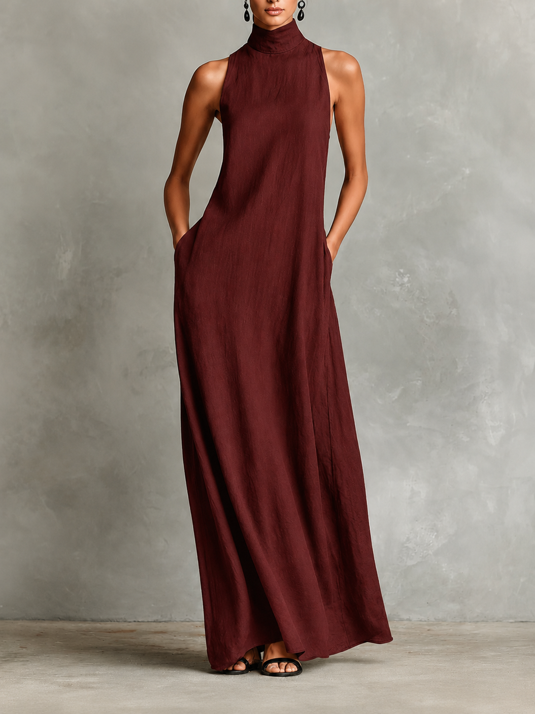 Vestido Largo de Lino con Cuello Alto