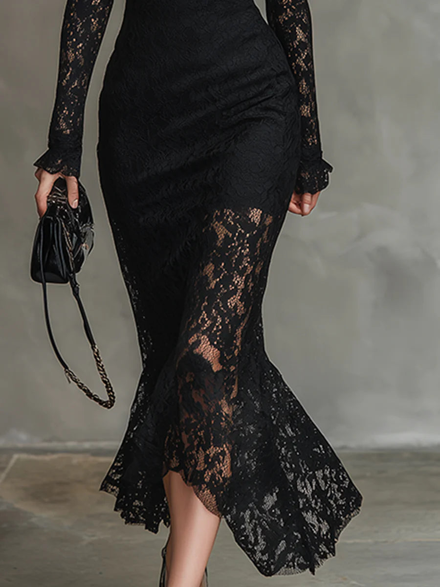 Vestido Largo de Encaje Negro