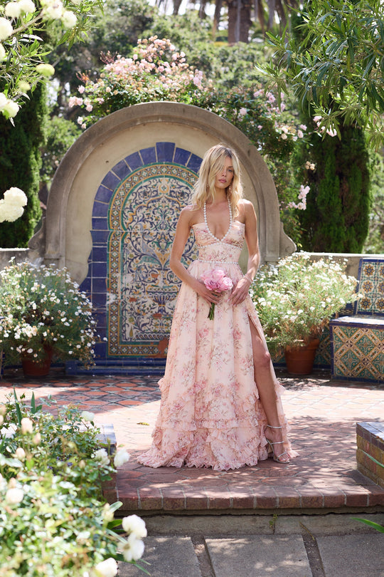 Vestido Largo Floral con Escote Joya