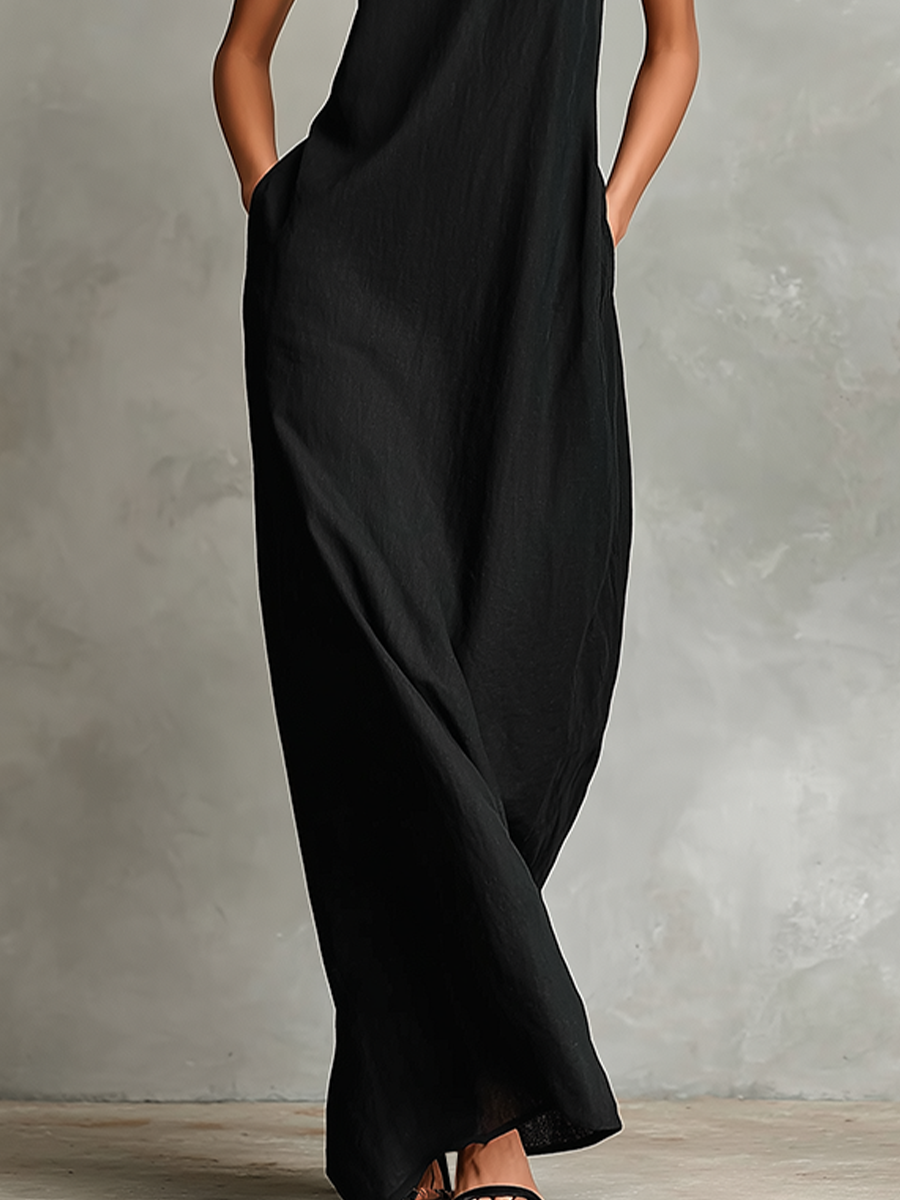 Vestido Largo de Lino con Cuello Alto