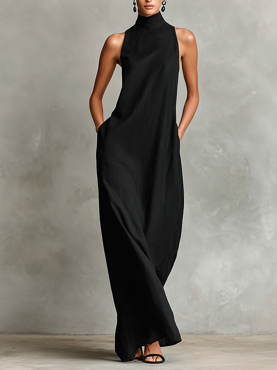 Vestido Largo de Lino con Cuello Alto