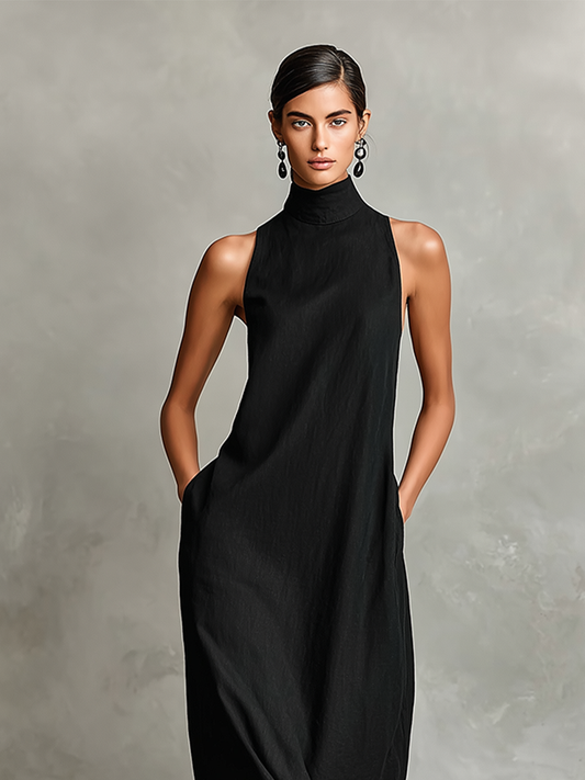 Vestido Largo de Lino con Cuello Alto