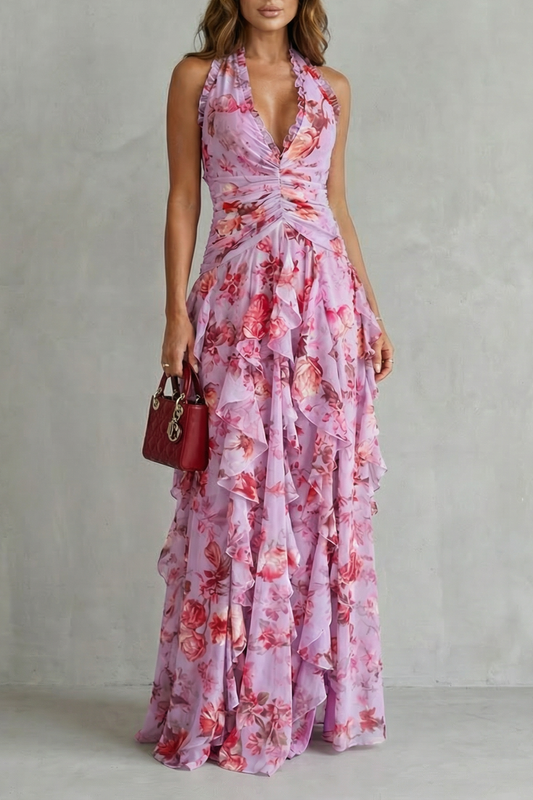 Vestido largo halter con caída fluida