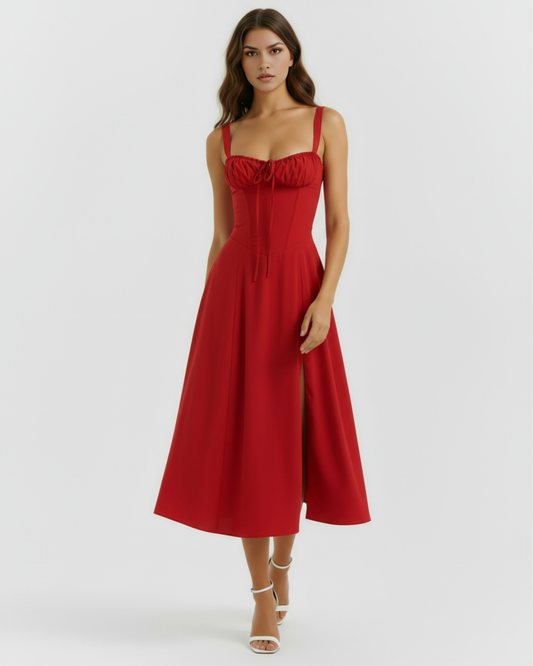 Vestido midi con corsé y abertura