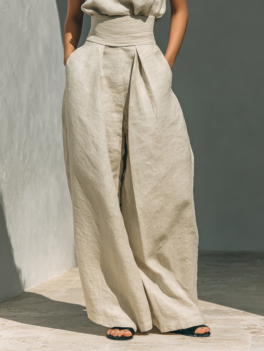 Conjunto Minimalista de Blusa Sin Mangas y Pantalón Ancho de Algodón y Lino