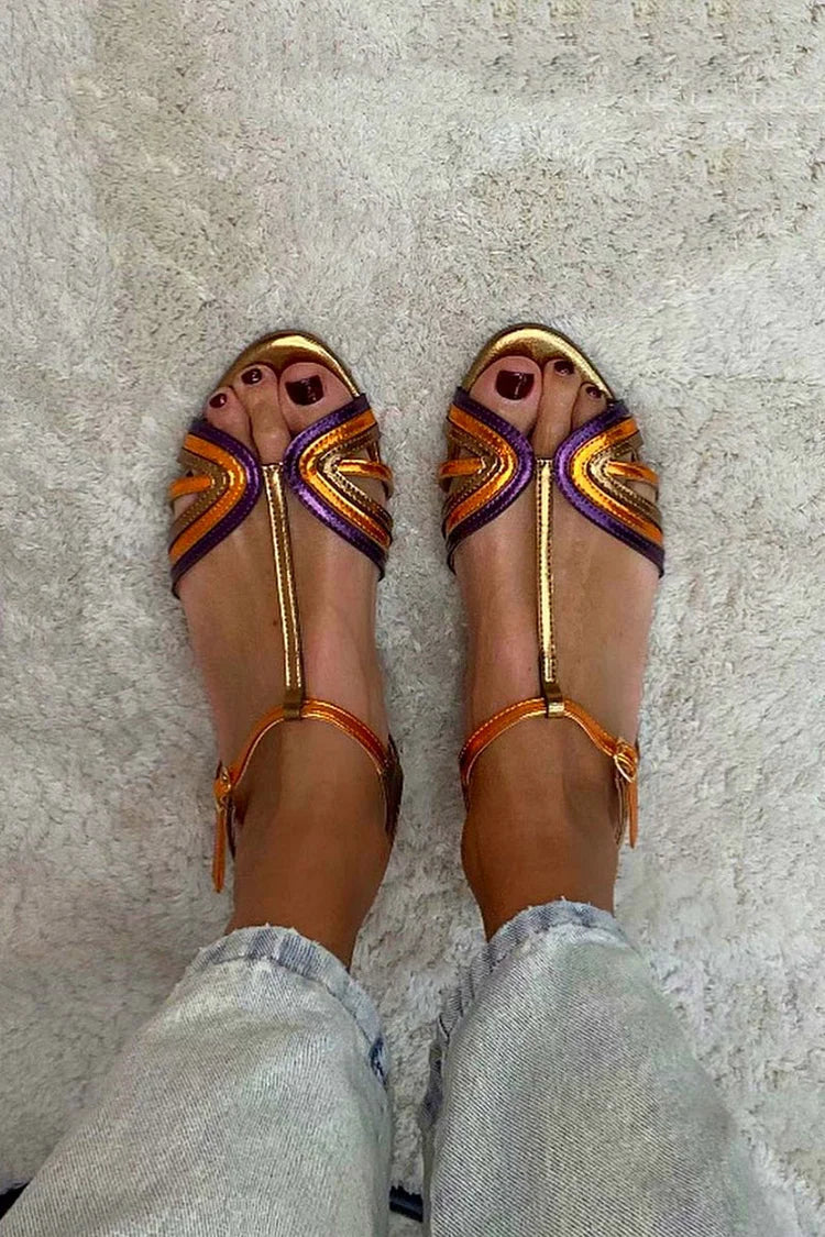 Albaira - Sandalias Doradas con Hebilla y Tira Multicolor para Verano