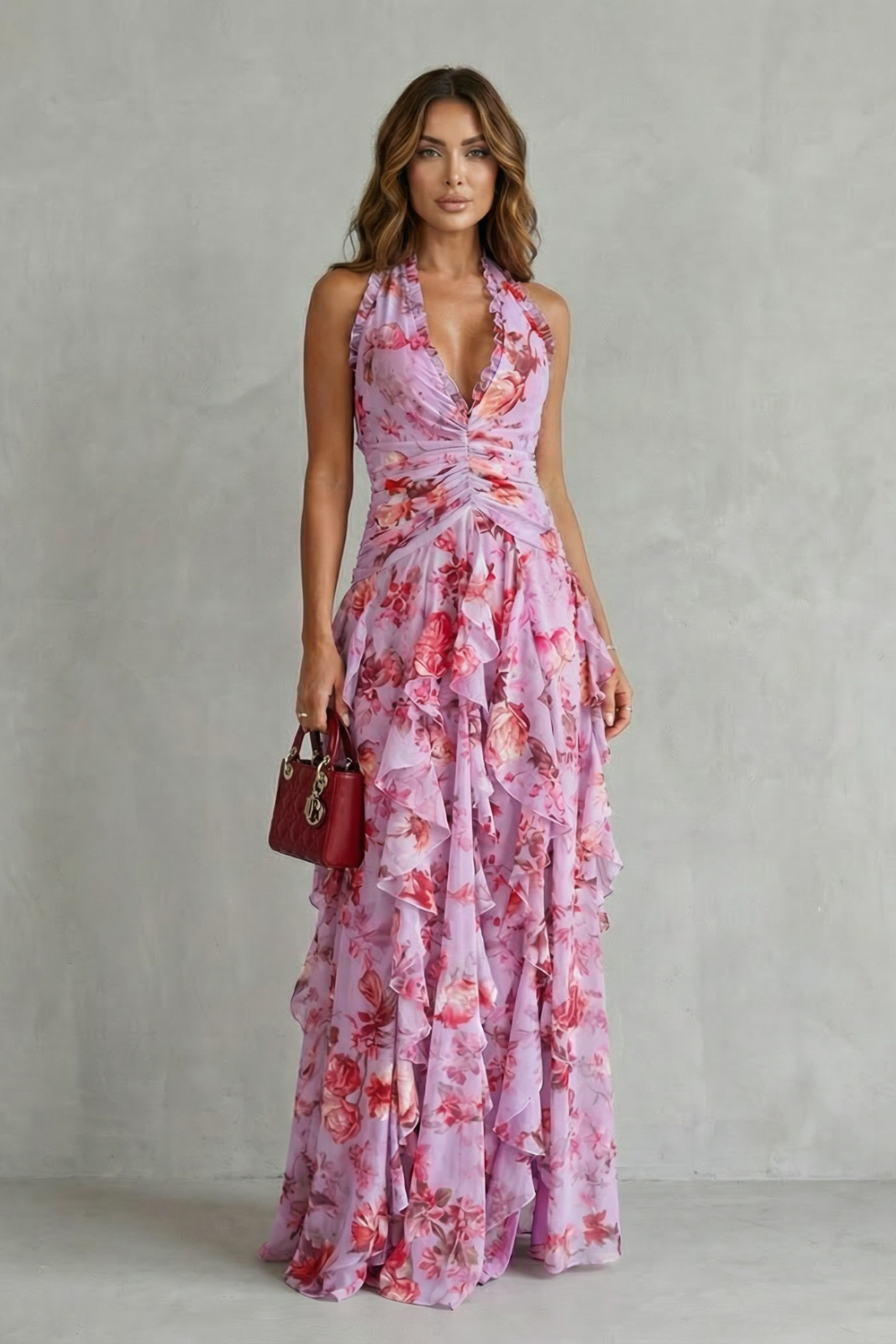 Vestido largo halter con caída fluida