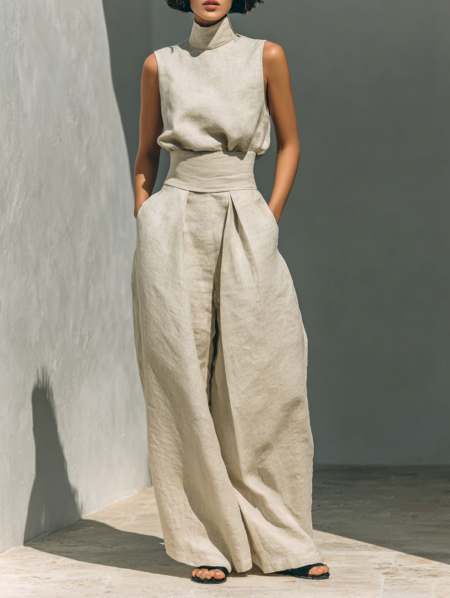 Conjunto Minimalista de Blusa Sin Mangas y Pantalón Ancho de Algodón y Lino