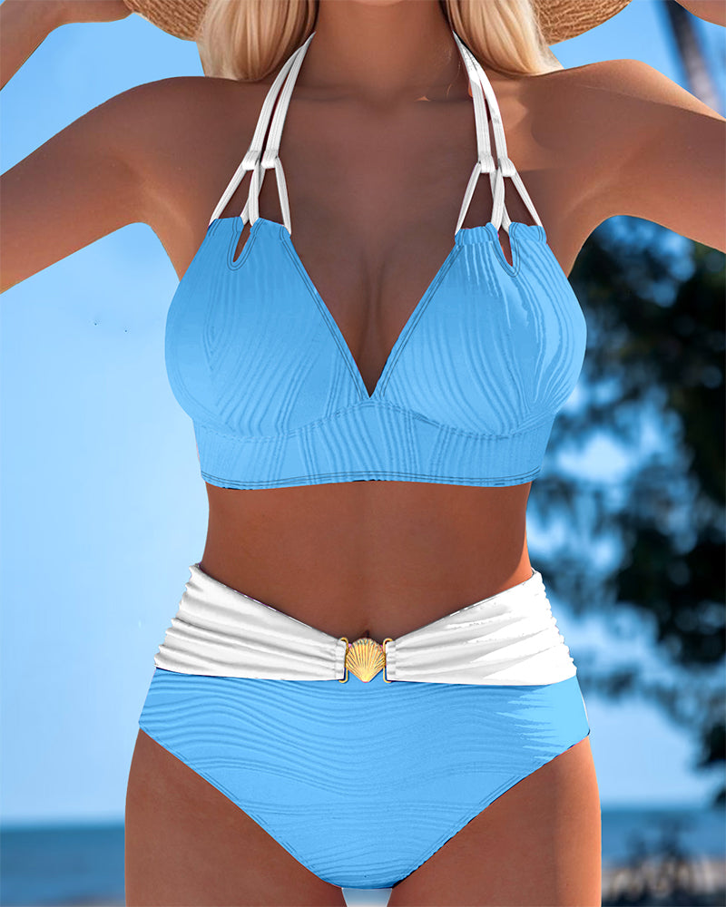 Traje de Baño de Cintura Alta con Doble Tirante y Color de Contraste