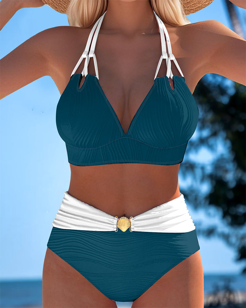 Traje de Baño de Cintura Alta con Doble Tirante y Color de Contraste