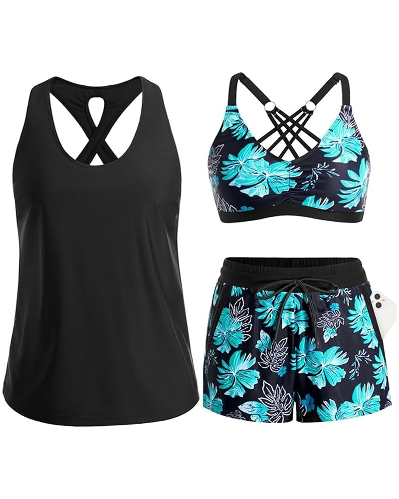 Maren | Conjunto de Tankini, Bikini y Pareo de Tres Piezas