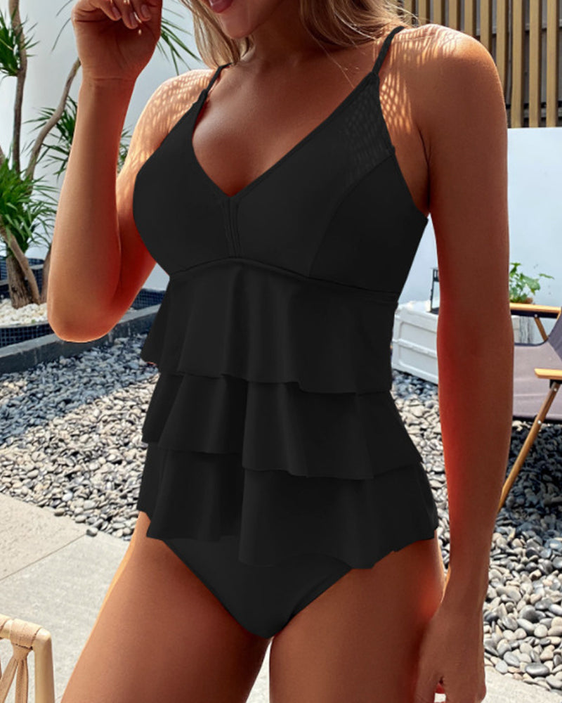 Traje de Baño Sólido con Volantes Elegantes