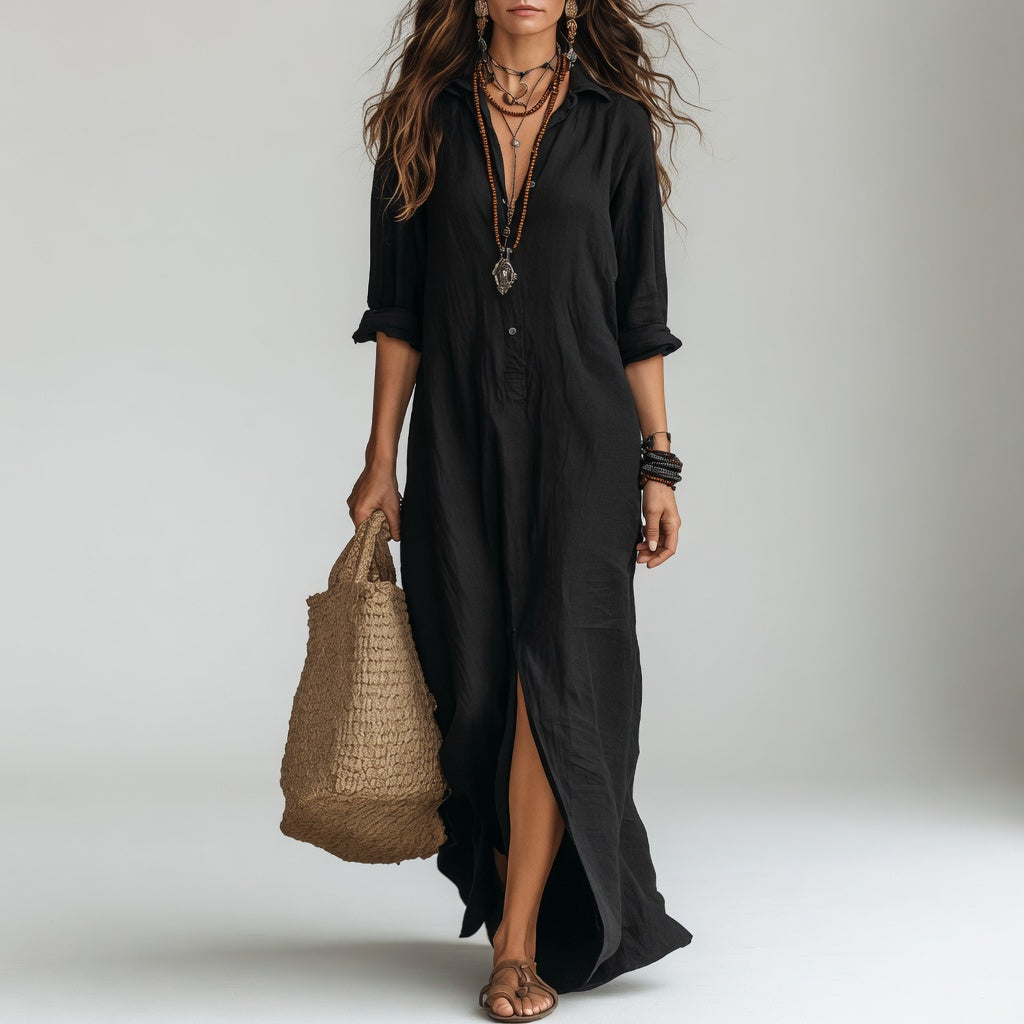 Violaine™ — Vestido camisero largo bohemio, elegancia natural