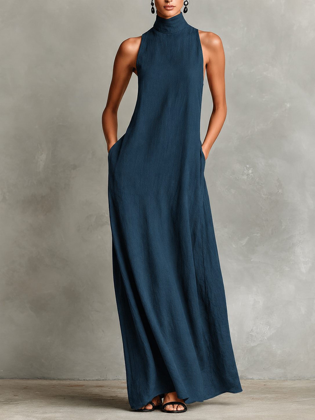 Vestido Largo de Lino con Cuello Alto