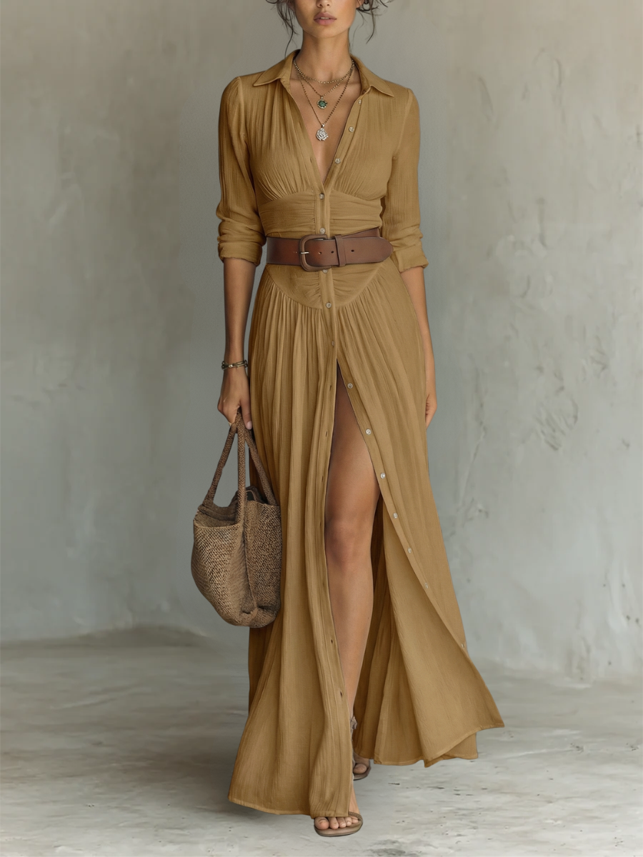 Vestido maxi de lino con cuello de solapa