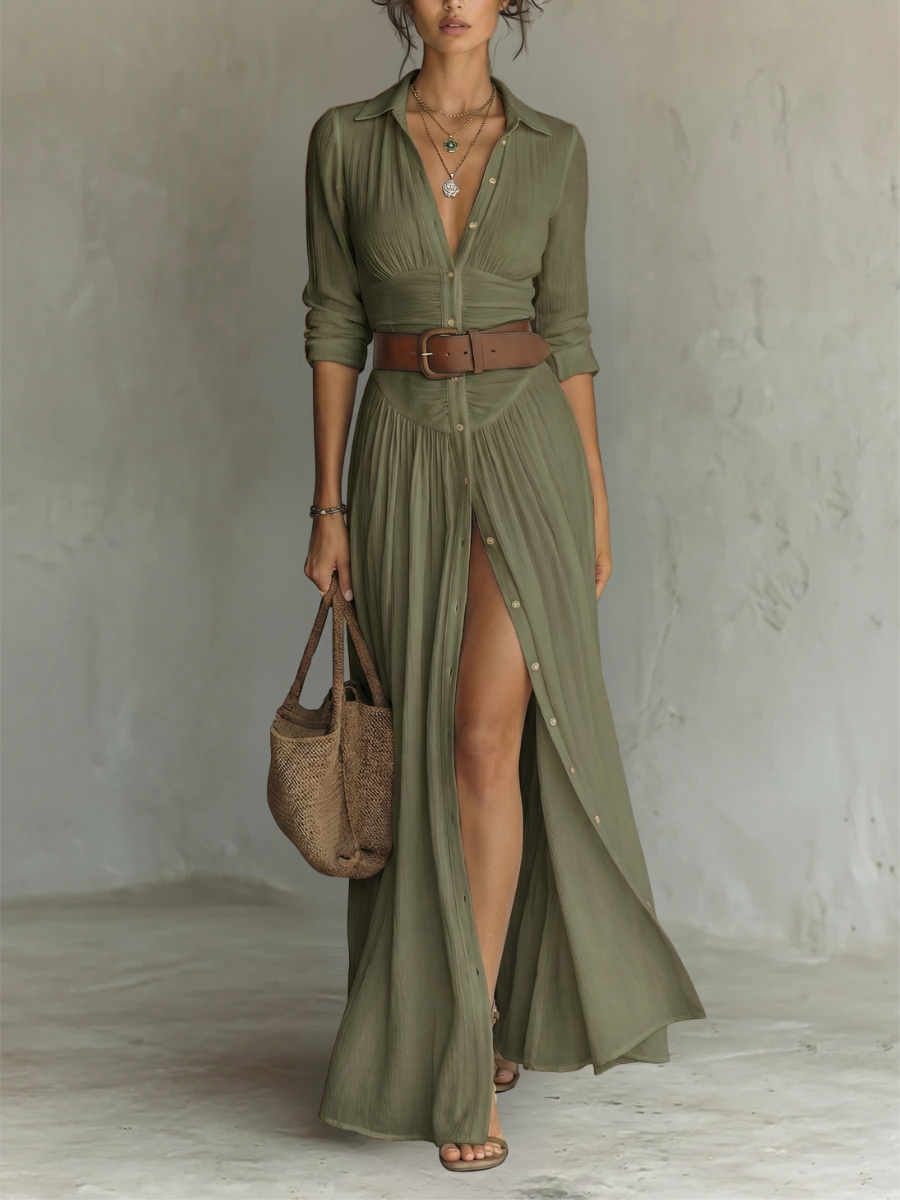 Vestido maxi de lino con cuello de solapa