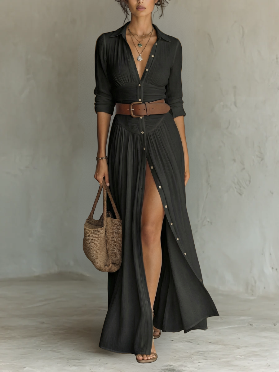 Vestido maxi de lino con cuello de solapa