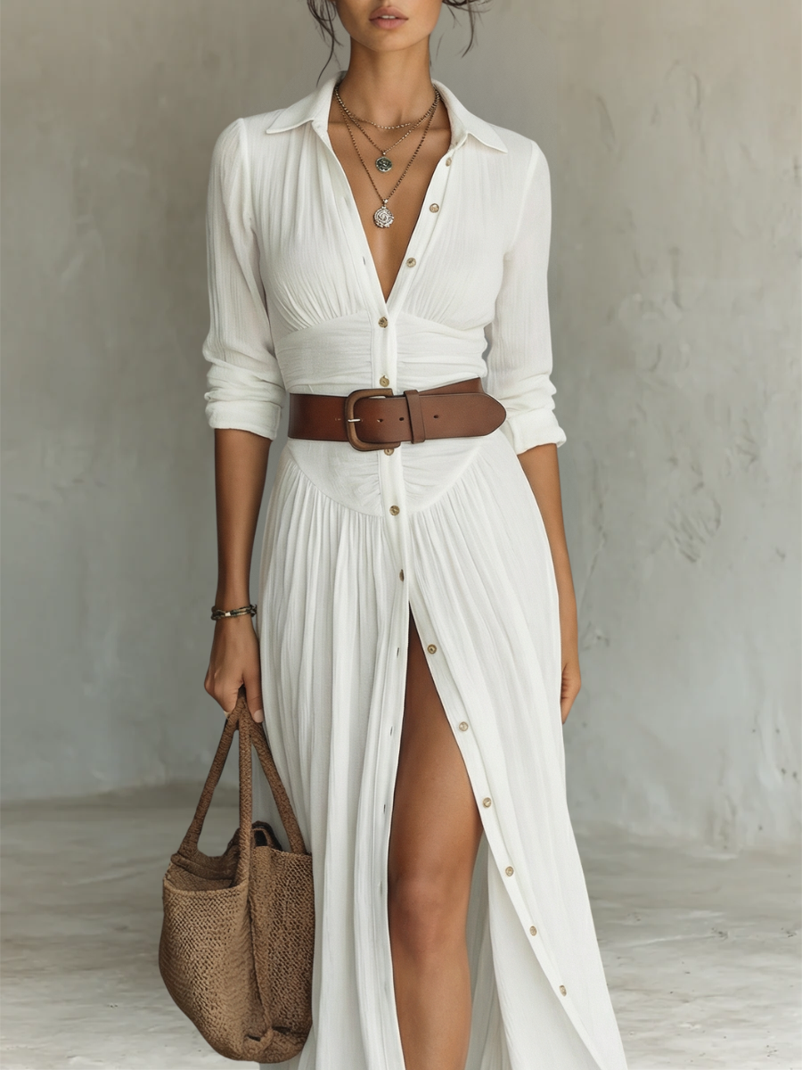 Vestido maxi de lino con cuello de solapa
