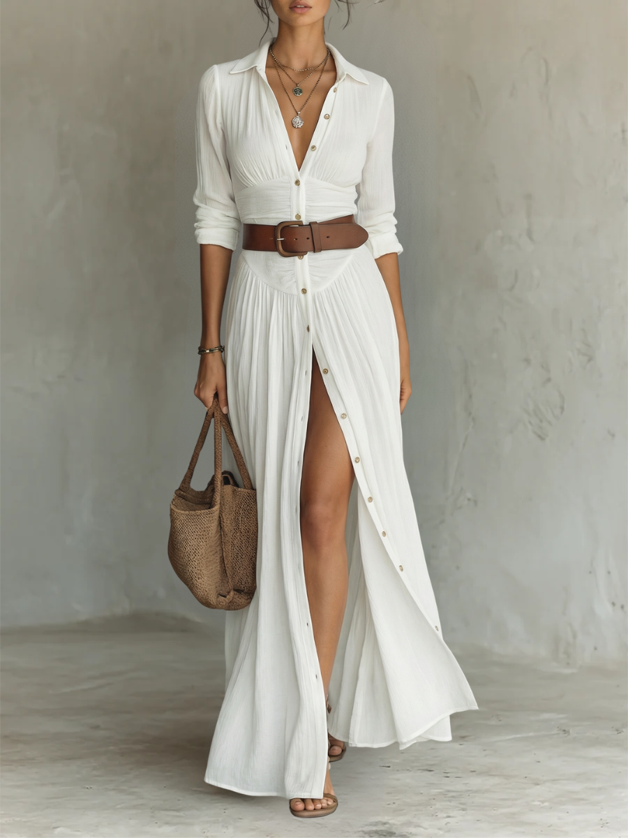 Vestido maxi de lino con cuello de solapa