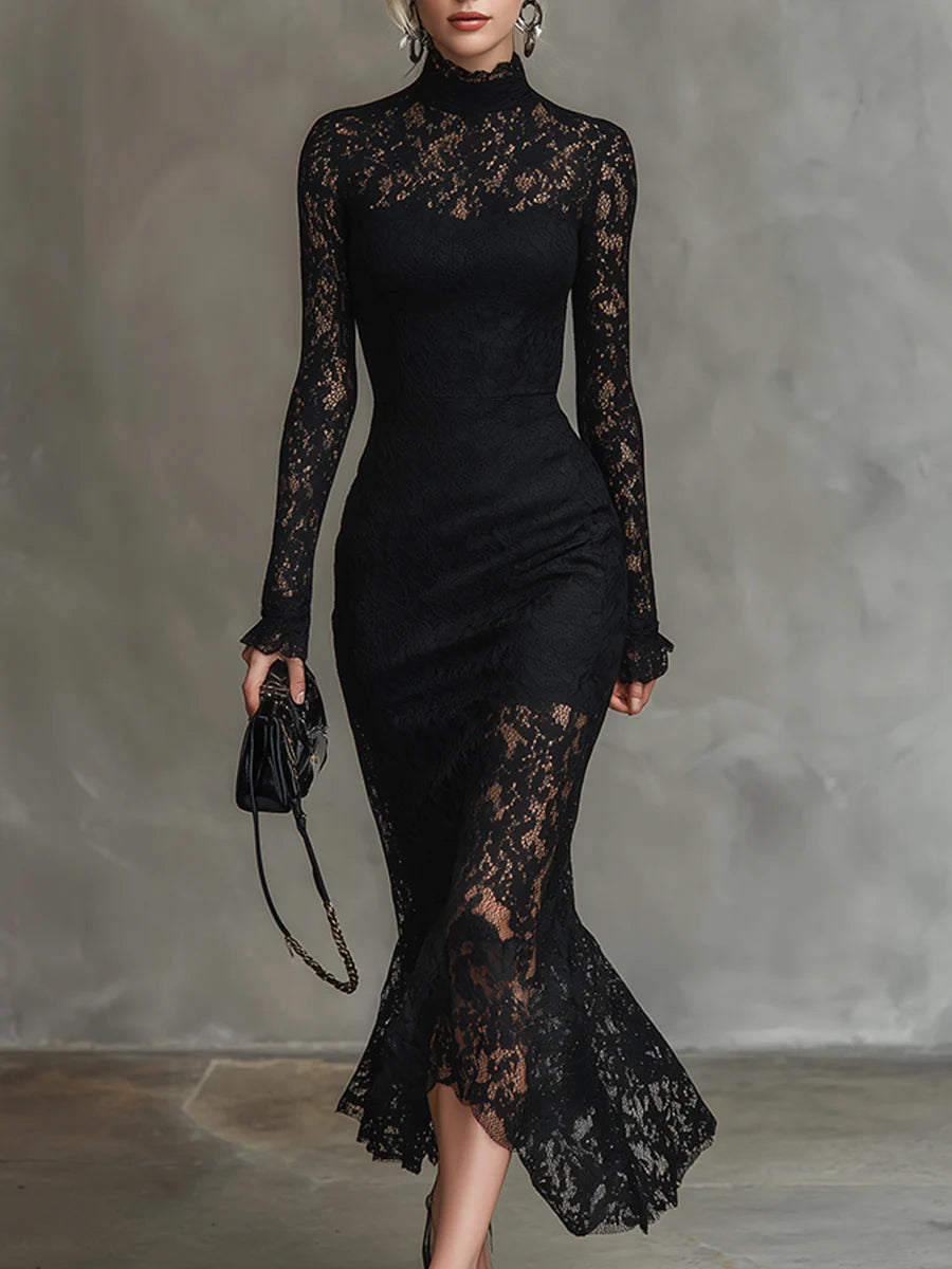 Vestido Largo de Encaje Negro