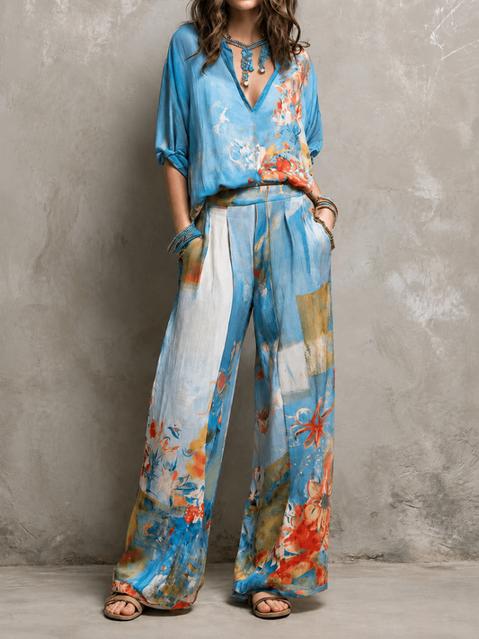 Conjunto floral de pantalón amplio