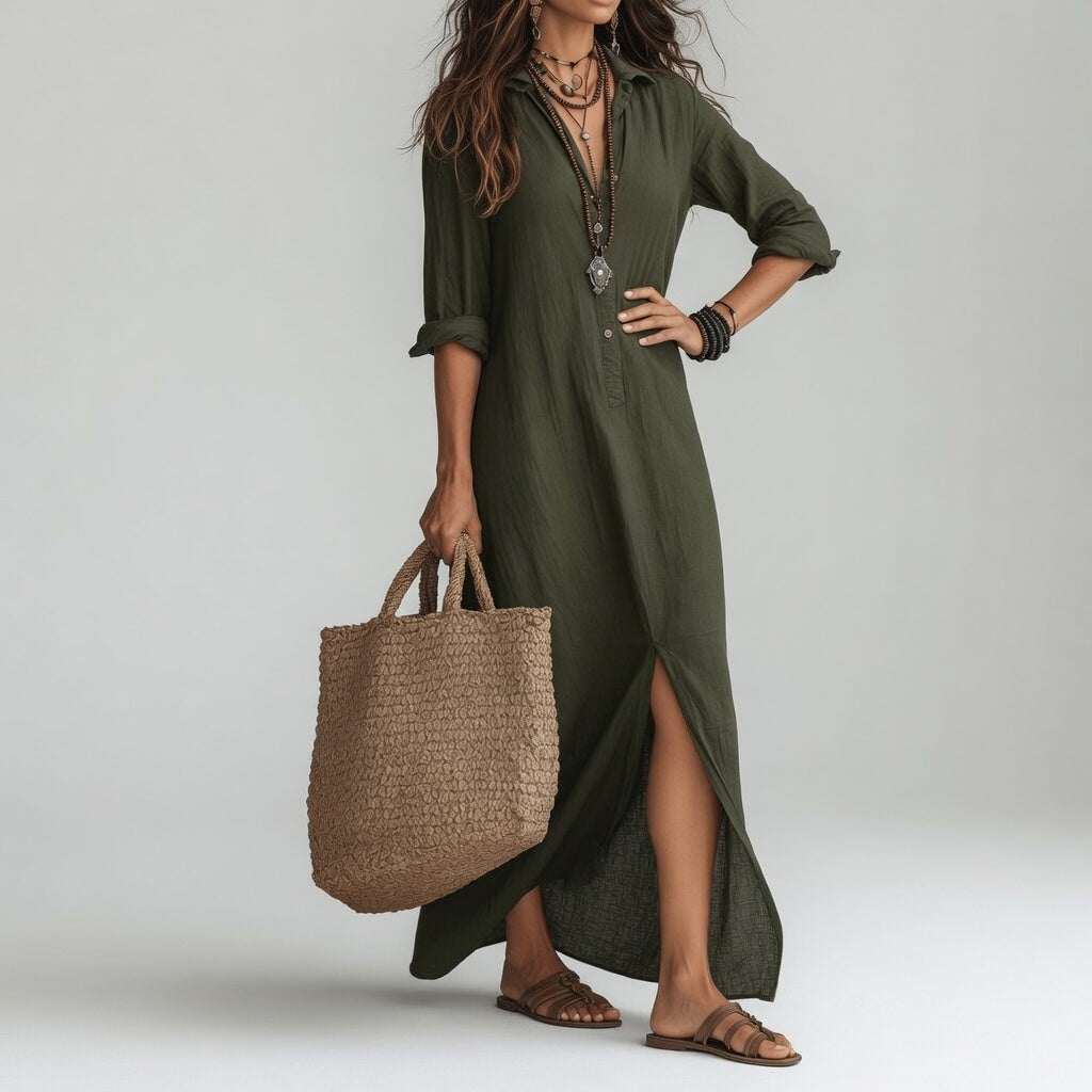 Violaine™ — Vestido camisero largo bohemio, elegancia natural