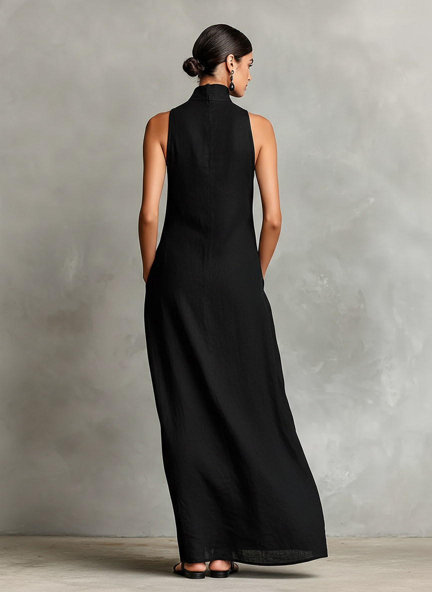 Vestido Largo de Lino con Cuello Alto