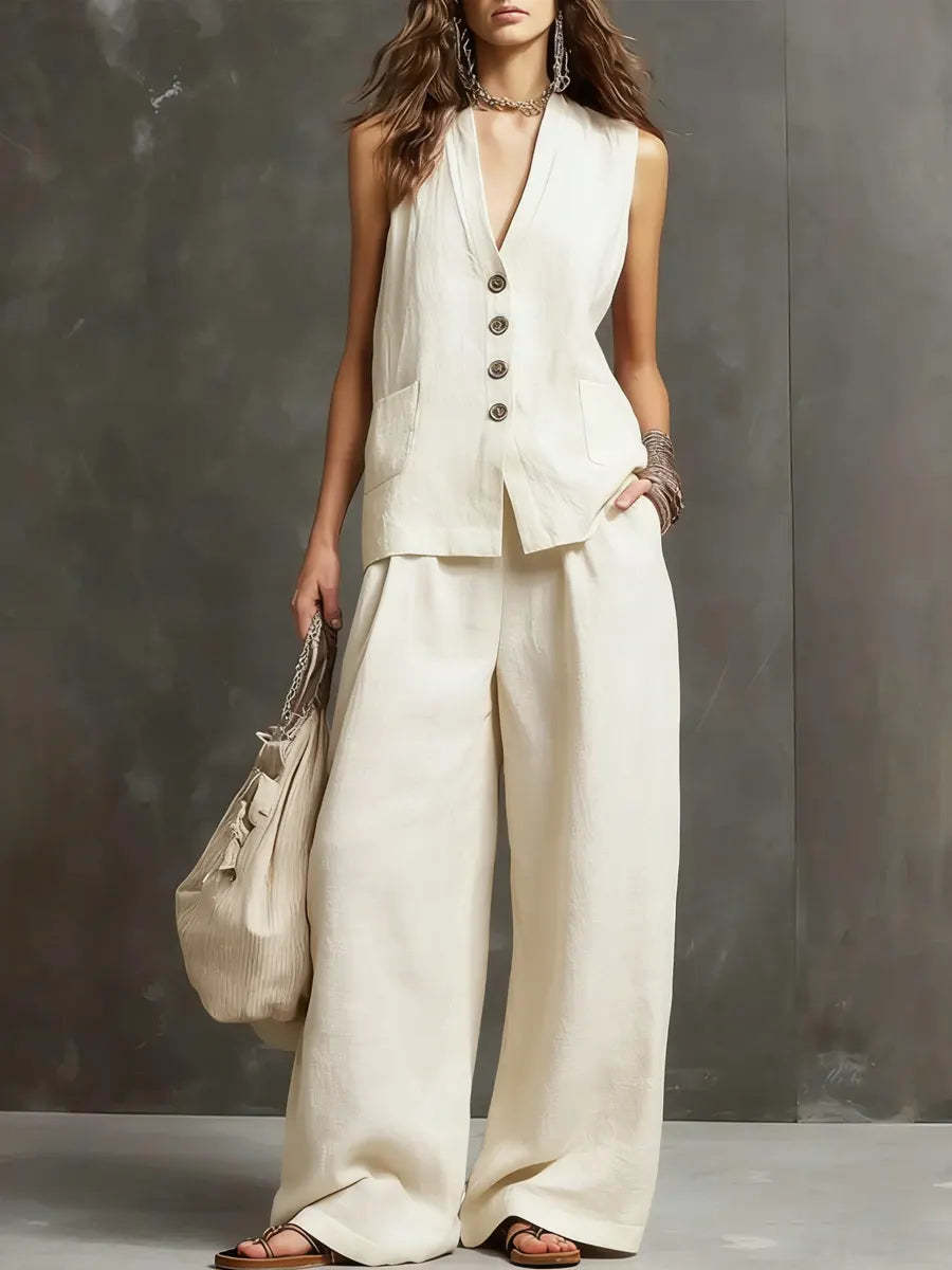 Conjunto de Algodón y Lino con Chaleco Sin Mangas y Pantalón Ancho
