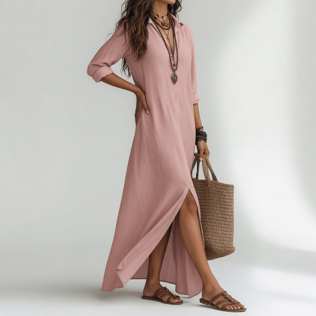 Violaine™ — Vestido camisero largo bohemio, elegancia natural