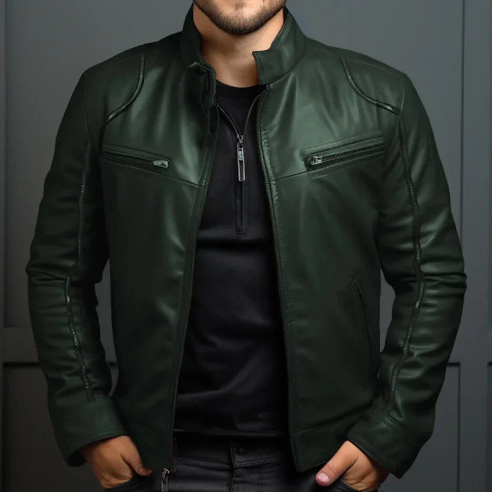 Elegante chaqueta motera de cuero para hombre