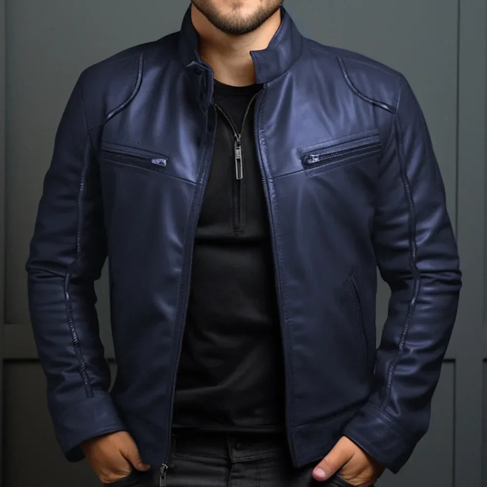 Elegante chaqueta motera de cuero para hombre
