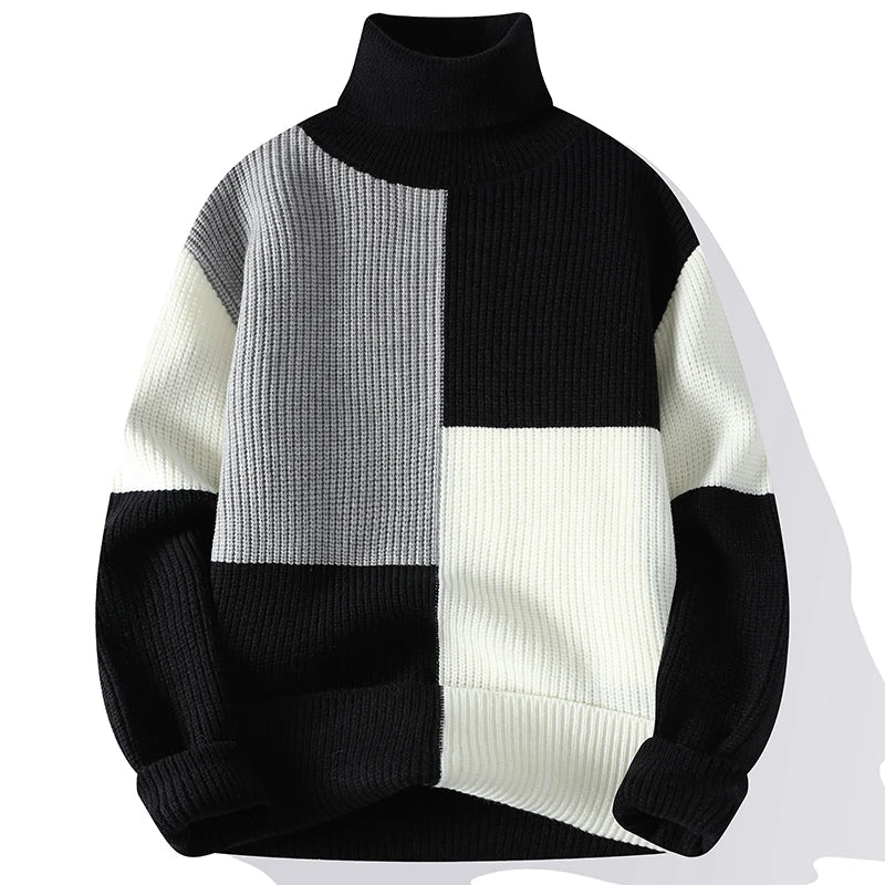 Elegante jersey de cuello alto con diseño patchwork