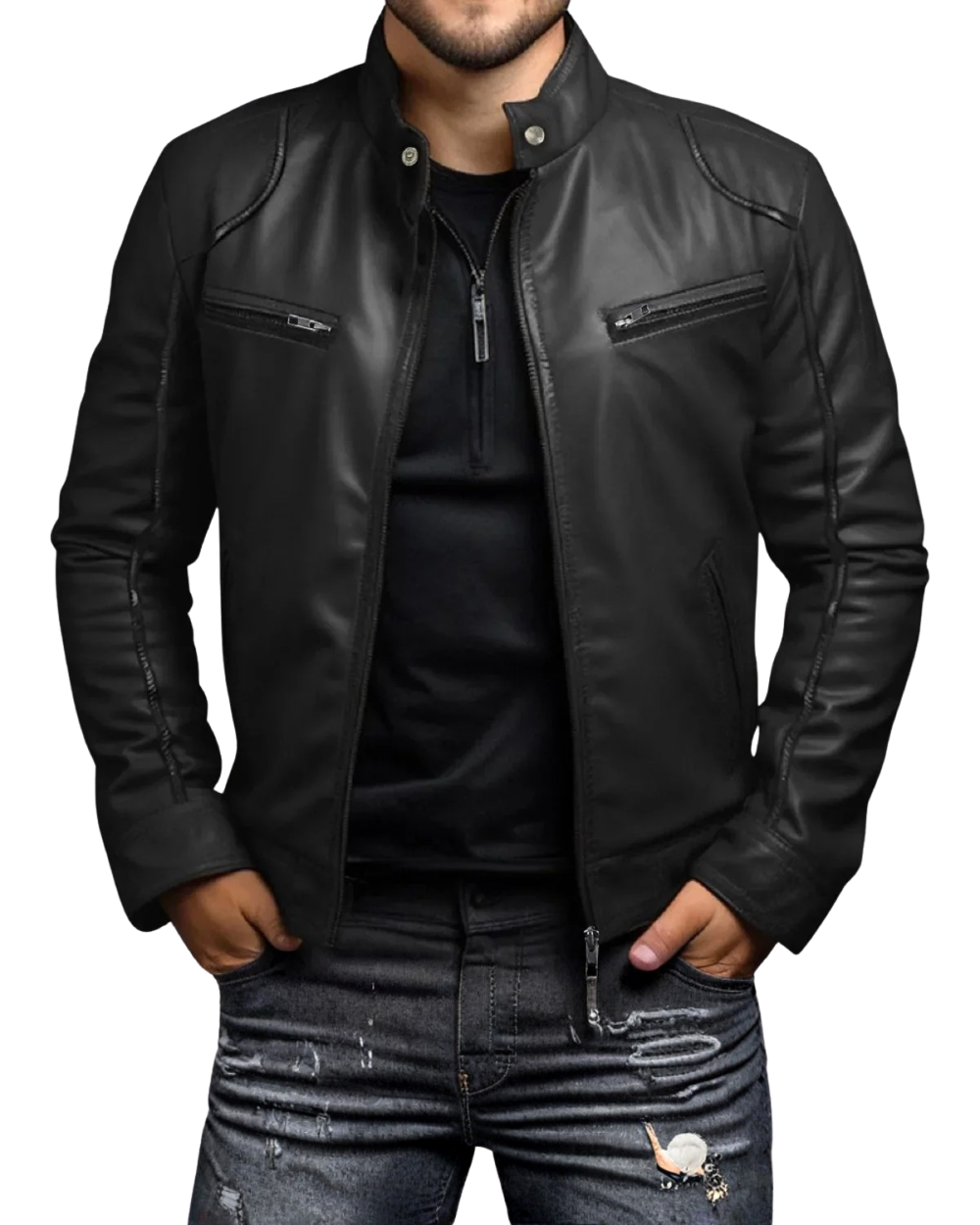 Elegante chaqueta motera de cuero para hombre