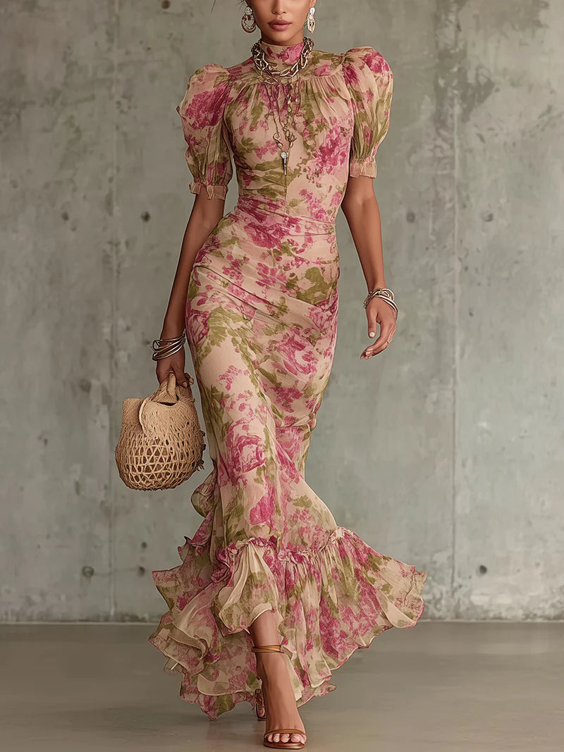 Vestido maxi vintage con mangas puff