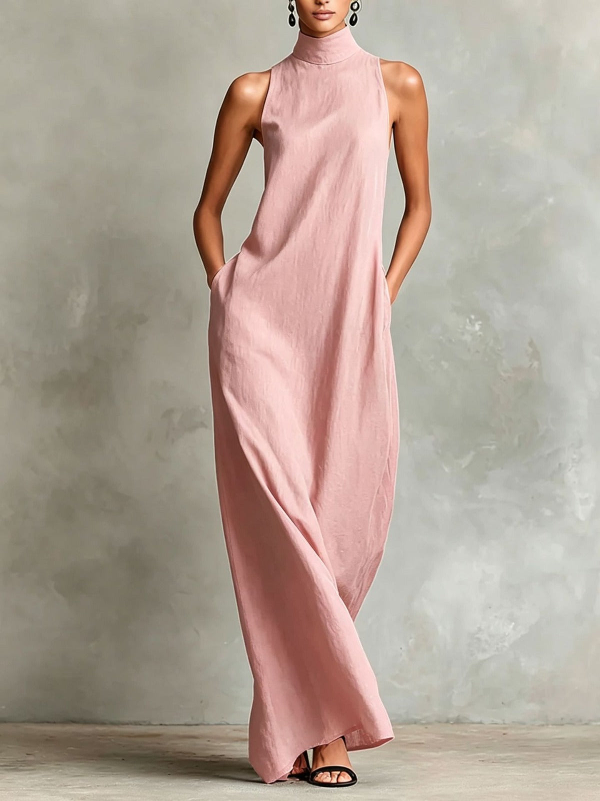 Vestido Largo de Lino con Cuello Alto