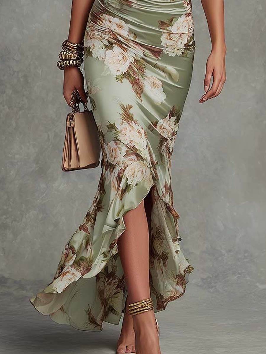 Vestido largo asimétrico con estampado floral
