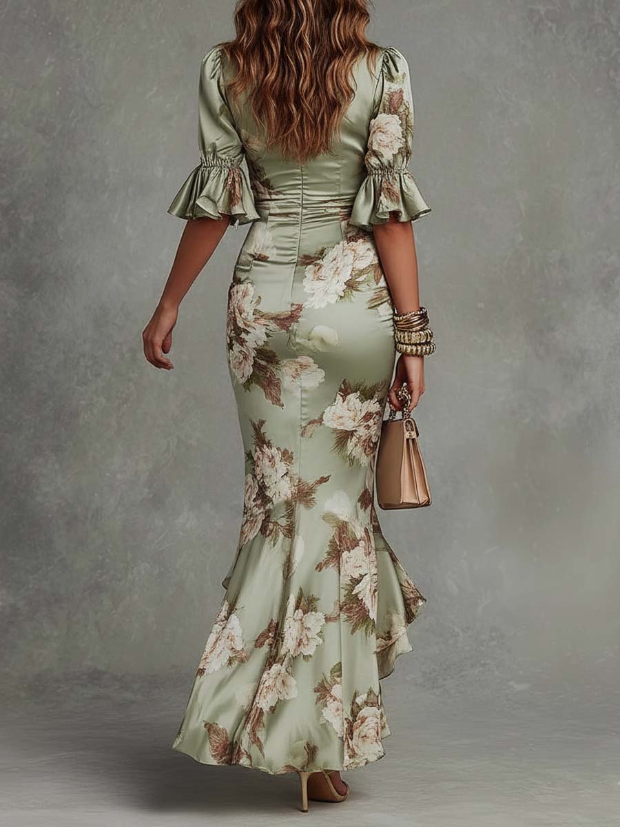 Vestido largo asimétrico con estampado floral