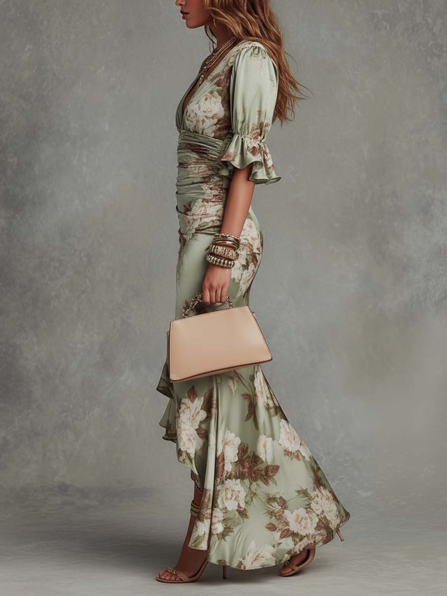 Vestido largo asimétrico con estampado floral