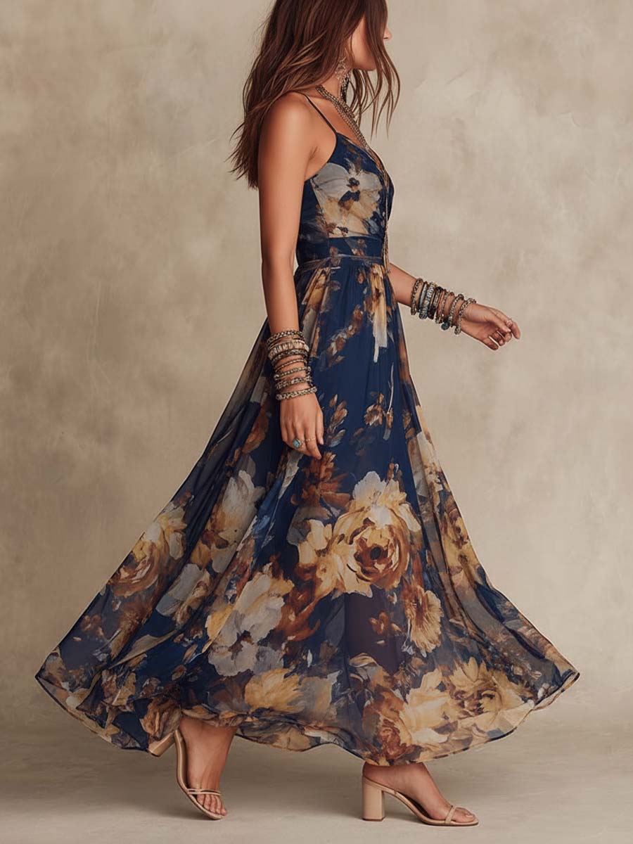 Vestido largo floral con tirantes