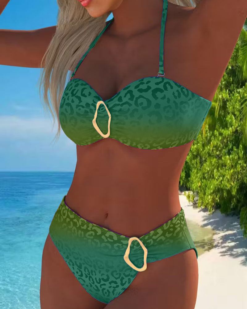 Traje de Baño con Escote Halter y Estampado de Leopardo en Degradé