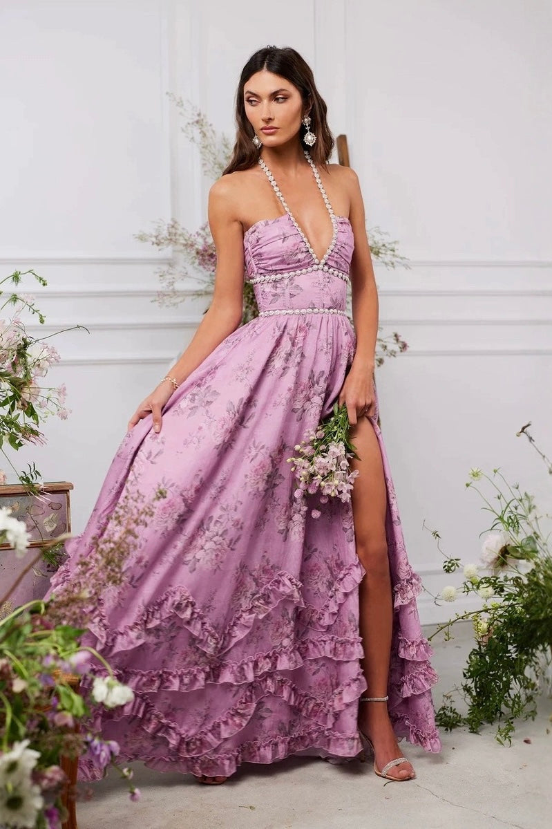 Vestido Largo Floral con Escote Joya