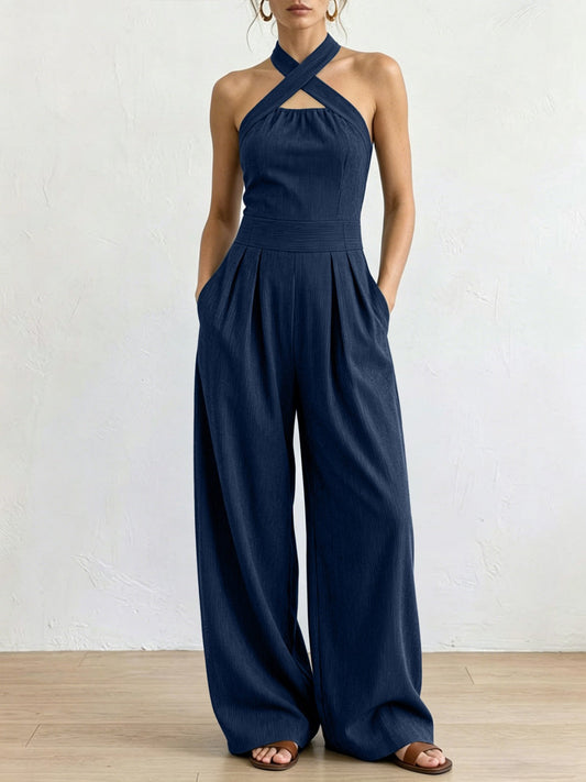 Mono elegante de lino con escote cruzado