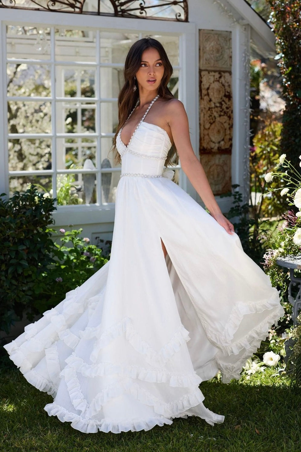 Vestido Largo Floral con Escote Joya