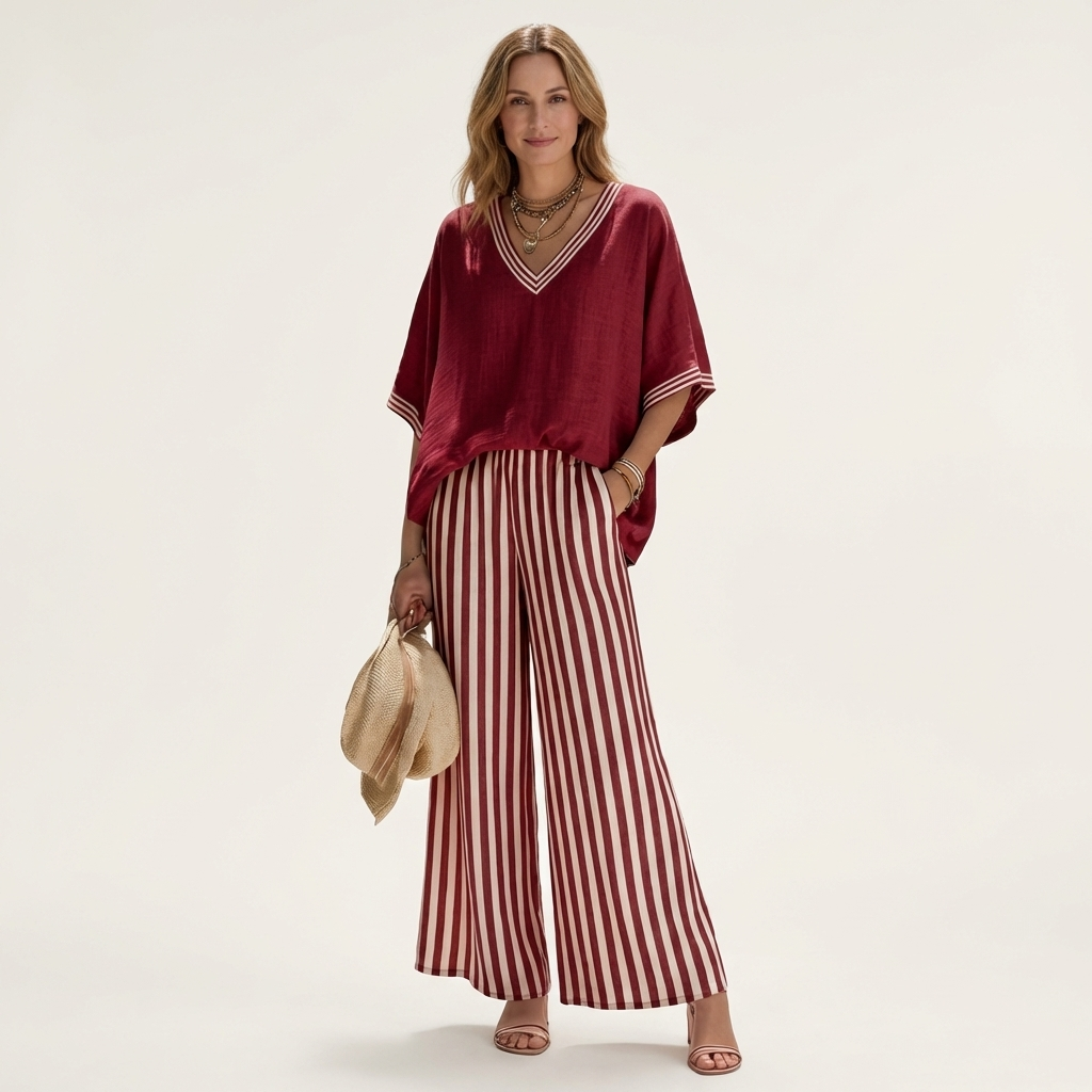 Gisela | Conjunto de Top con Escote en V Estilo Varsity y Pantalón Ancho de Rayas