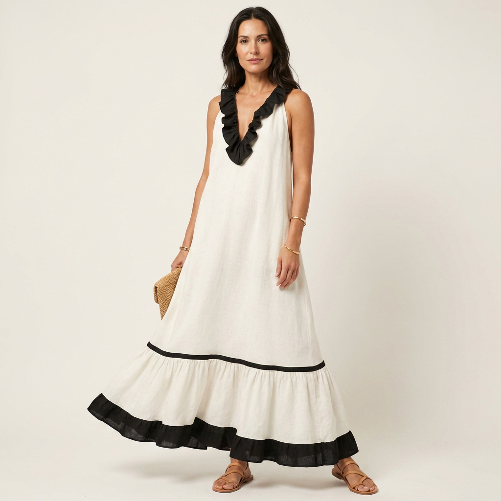 Serafina | Vestido Maxi sin Mangas con Cuello de Volantes y Ribete Contraste