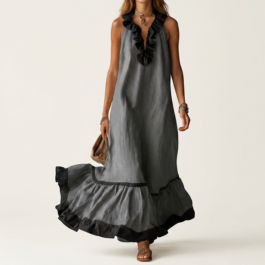 Serafina | Vestido Maxi sin Mangas con Cuello de Volantes y Ribete Contraste