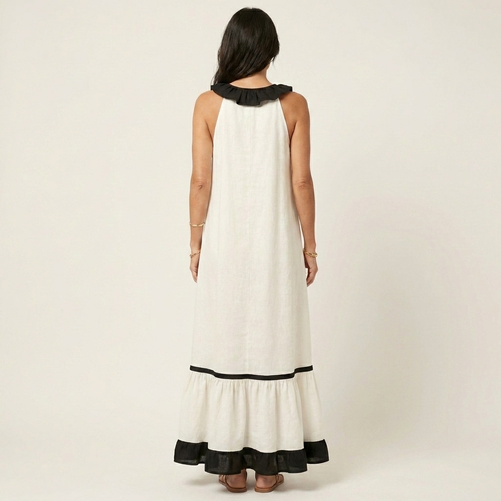 Serafina | Vestido Maxi sin Mangas con Cuello de Volantes y Ribete Contraste