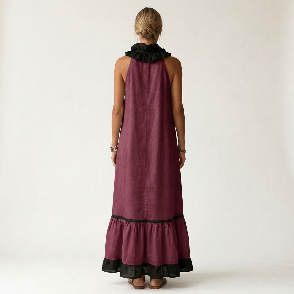 Serafina | Vestido Maxi sin Mangas con Cuello de Volantes y Ribete Contraste