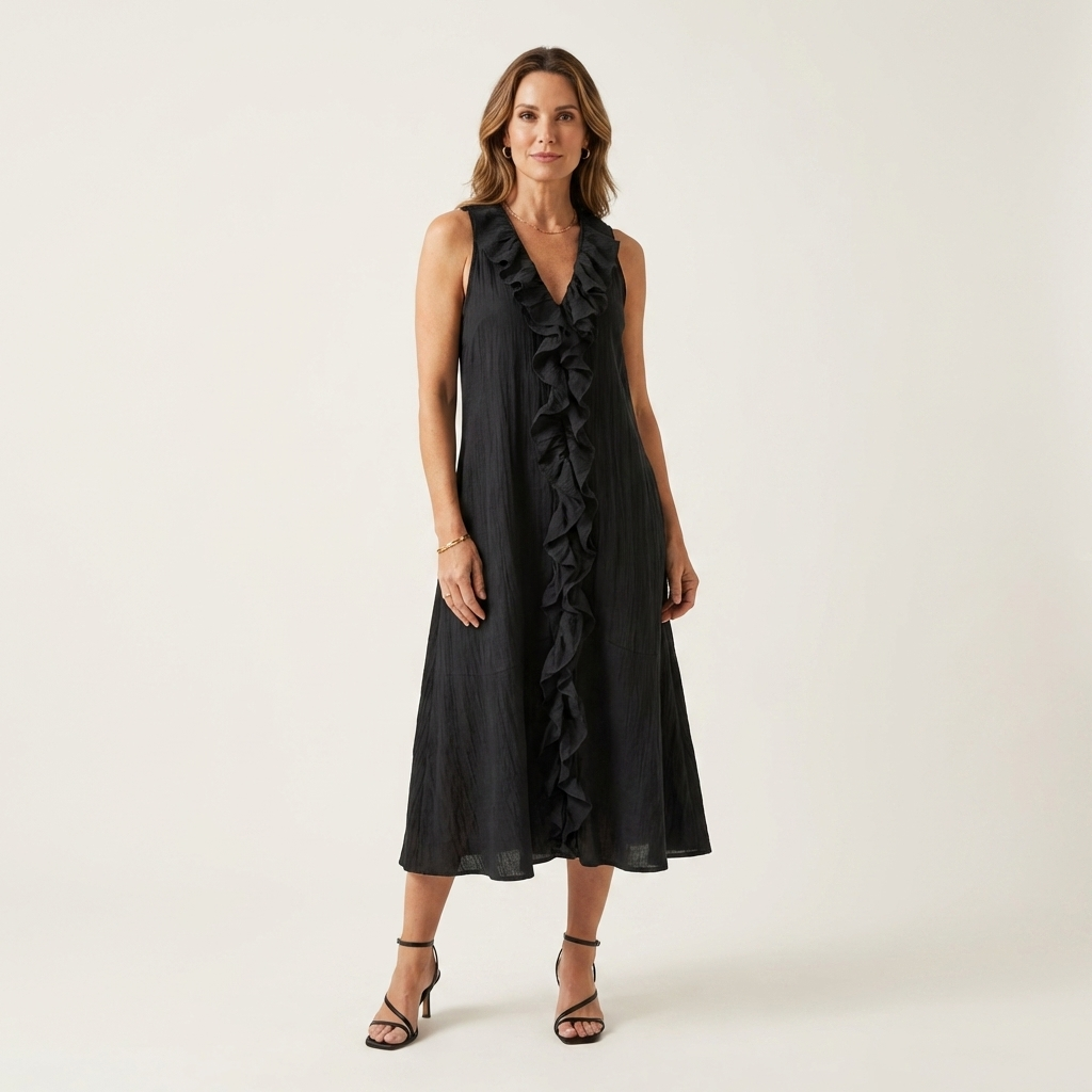 Violeta | Vestido Maxi en Lino sin Mangas con Escote en V y Volante Frontal