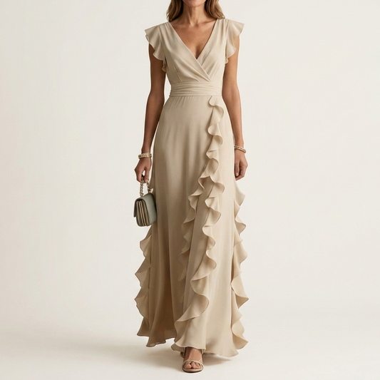 Celeste | Vestido Maxi Cruzado con Escote en V, Manga Mariposa y Volante Cascada